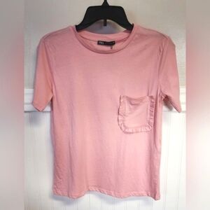 Zara Women's Pink Tee with Ruffled Pocket Small - New With Tags